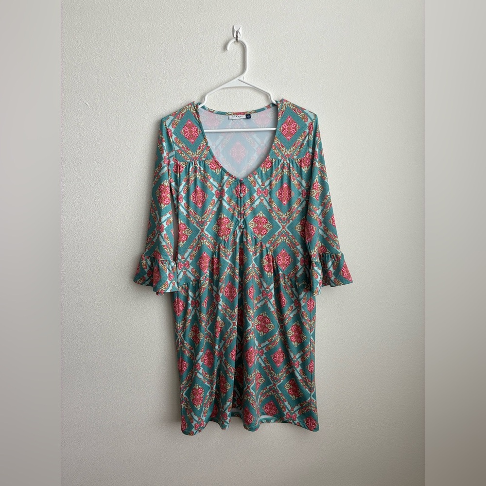 Cabana Life Manchester Baby doll Blue/ Green Ruffled Sundress with Bell Sleeves